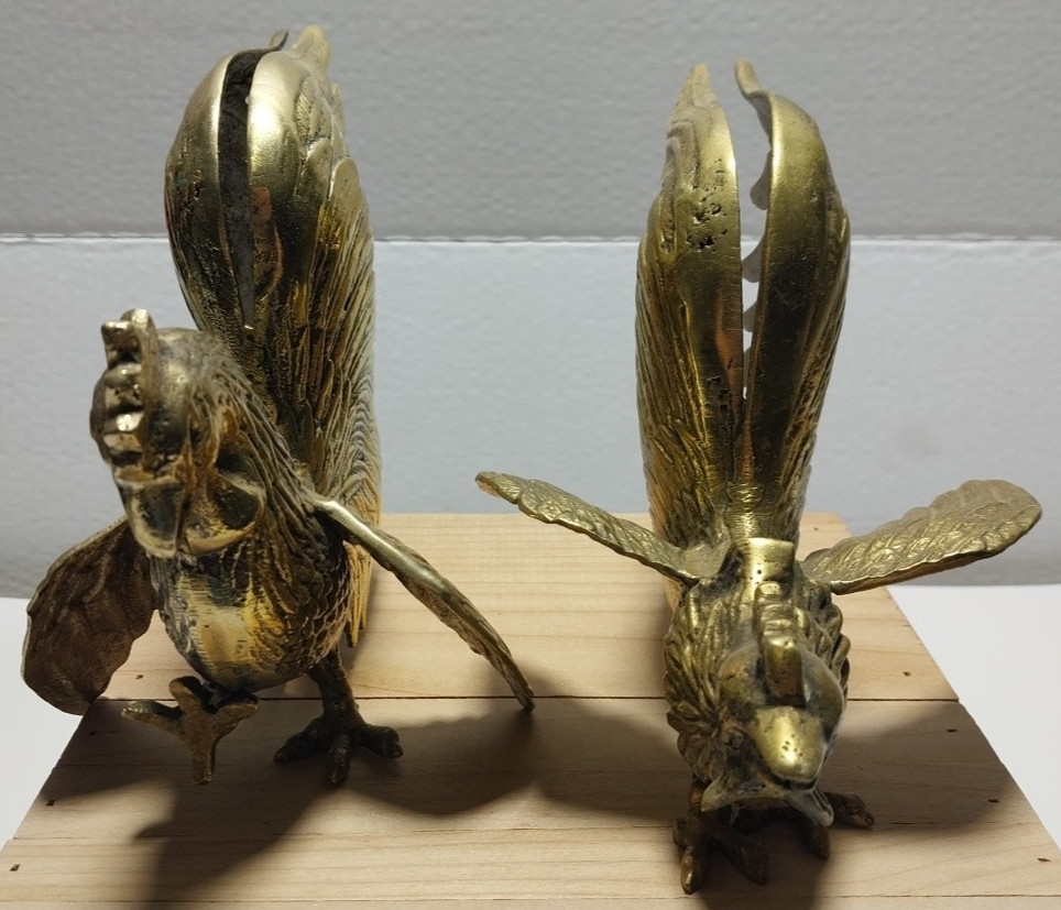 Vintage Pair of Brass Fighting Roosters MCM Mid Century Modern Heavy