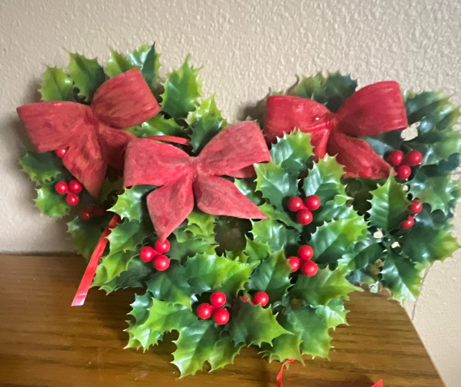 Vintage Artificial Holly Wreaths Set of 3 with Red Bows & Berries, Green/Red