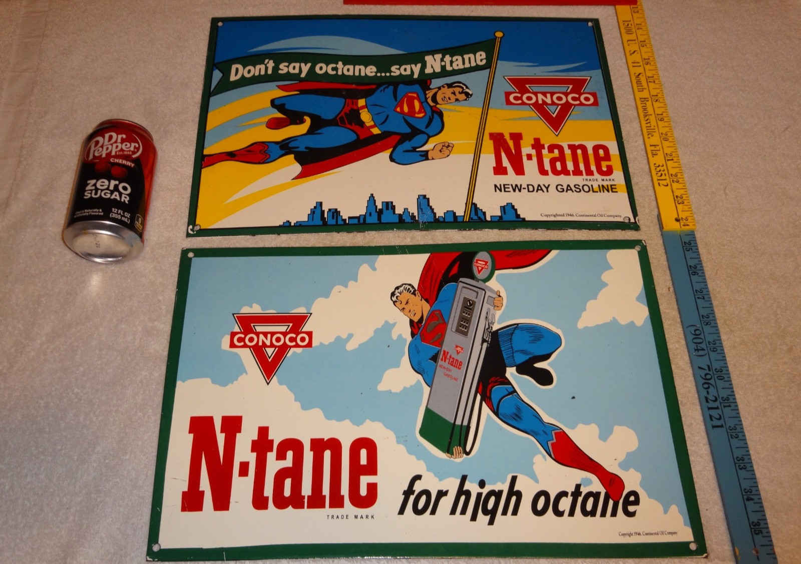 VINTAGE SUPERMAN CONOCO GASOLINE & OIL PUMP PORCELAIN SIGN LOT OF 2 ADVERTISING VINTAGE SUPERMAN CONOCO GASOLINE & OIL PUMP PORCELAIN SIGN LOT OF 2 ADVERTISING