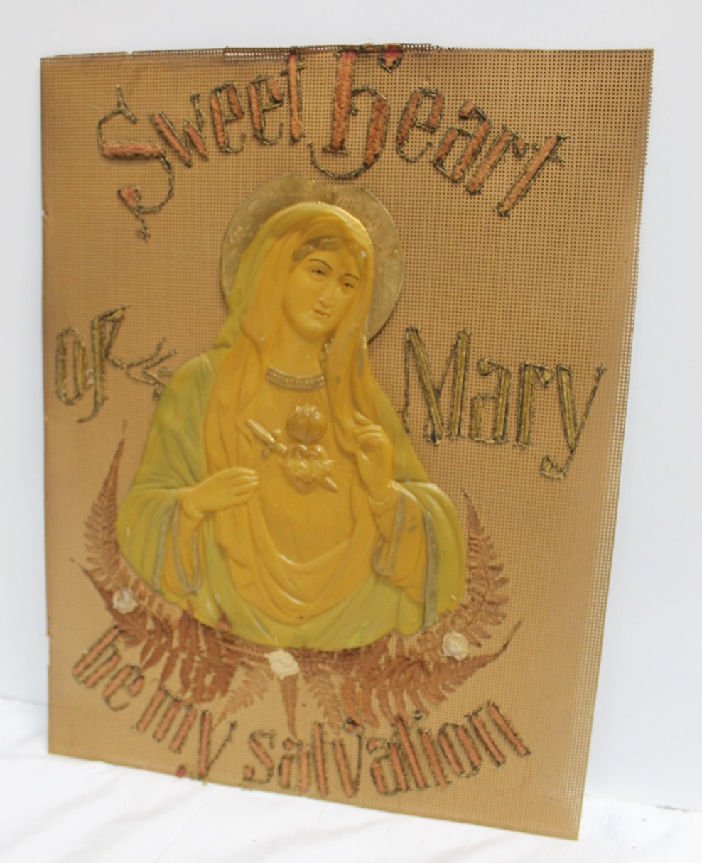 Vtg Sweet Heart of Mary Be My Salvation 3-D Celluloid Handmade Writing Unframed Vtg Sweet Heart of Mary Be My Salvation 3-D Celluloid Handmade Writing Unframed