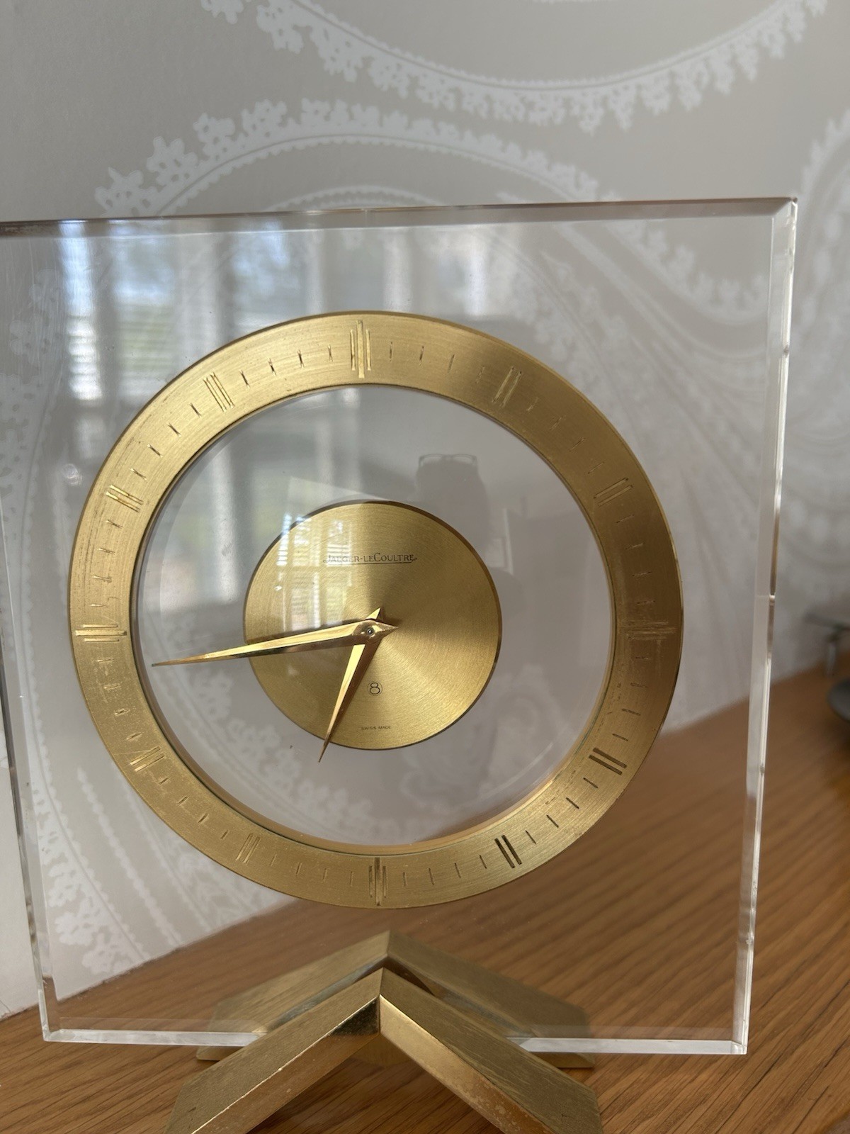 Vintage 1940s Jaeger-LeCoultre Square Desk Clock Brass & Clear Acrylic Vintage 1940s Jaeger-LeCoultre Square Desk Clock Brass & Clear Acrylic