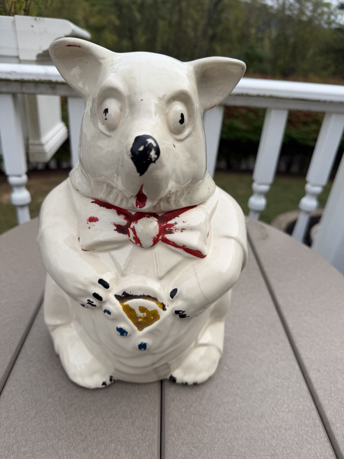 McCoy Vintage Rare Cookie Jar Ceramic 11” X 7"  Bow Tie Bear Red Bow White Black
