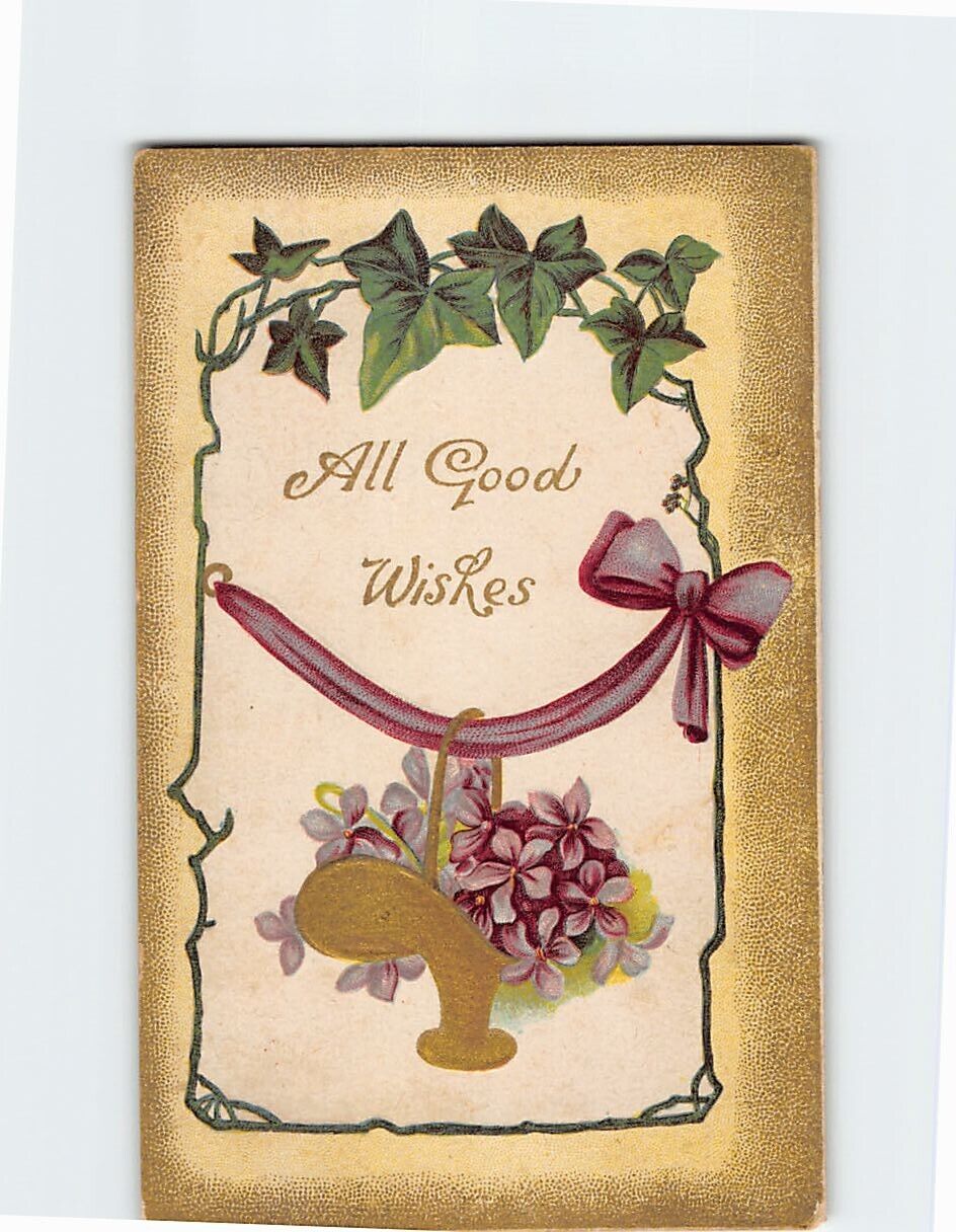 Postcard All Good Wishes Ribbon & Flower Art Print Embossed Card