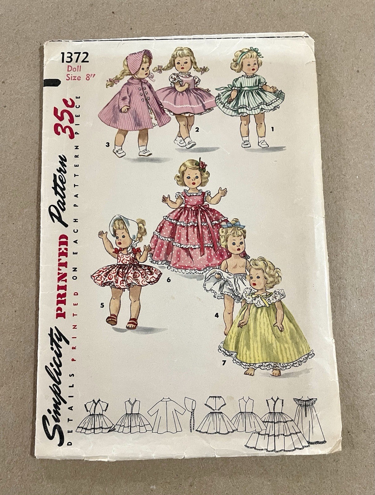Simplicity 1372 Vintage DOLL Sewing Printed Pattern, Size 8" FOLDED / UNCUT