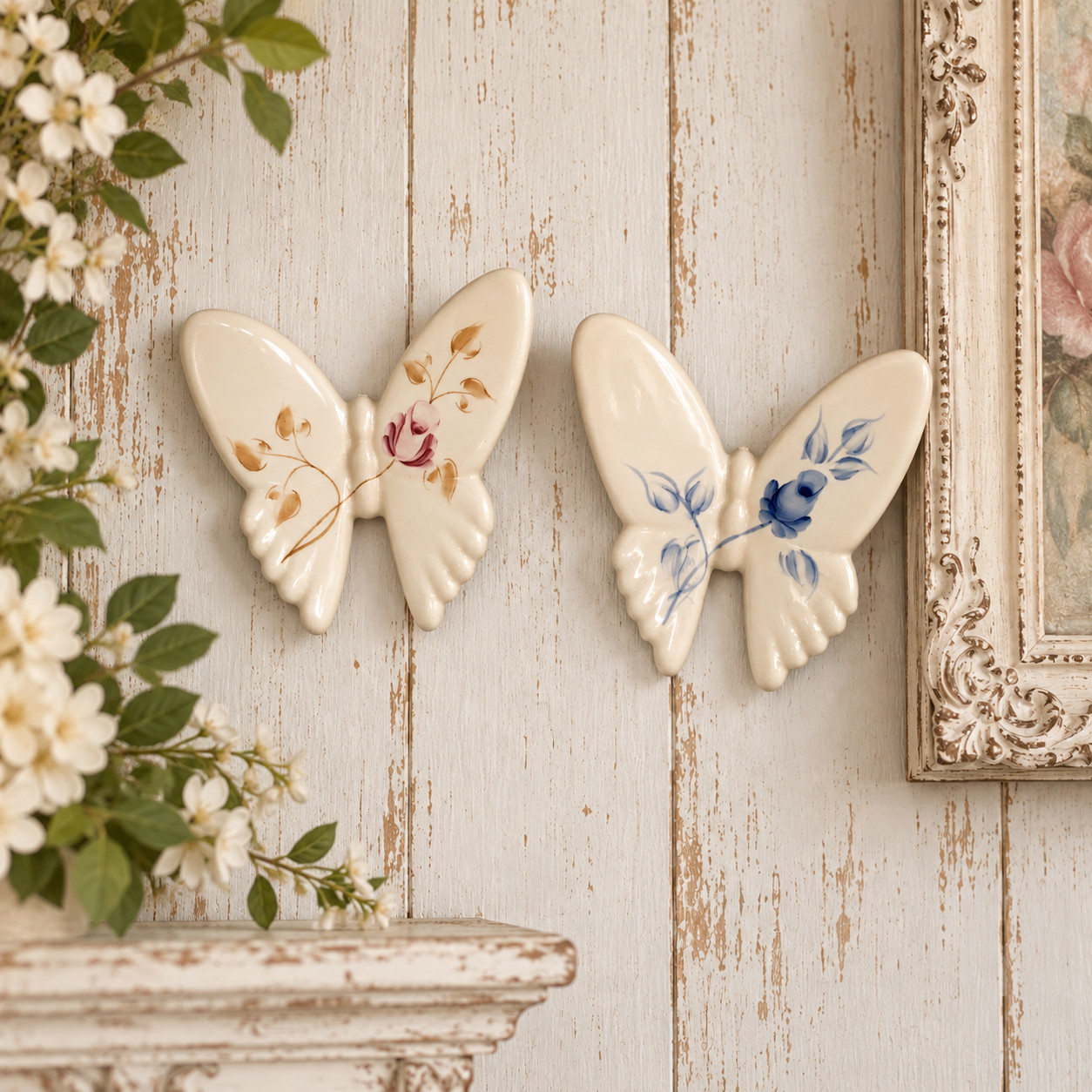 Vintage Homco Porcelain Butterflies Blue & Pink Rose 2Pc. Set Wall Decor Shabby Vintage Homco Porcelain Butterflies Blue & Pink Rose 2Pc. Set Wall Decor Shabby
