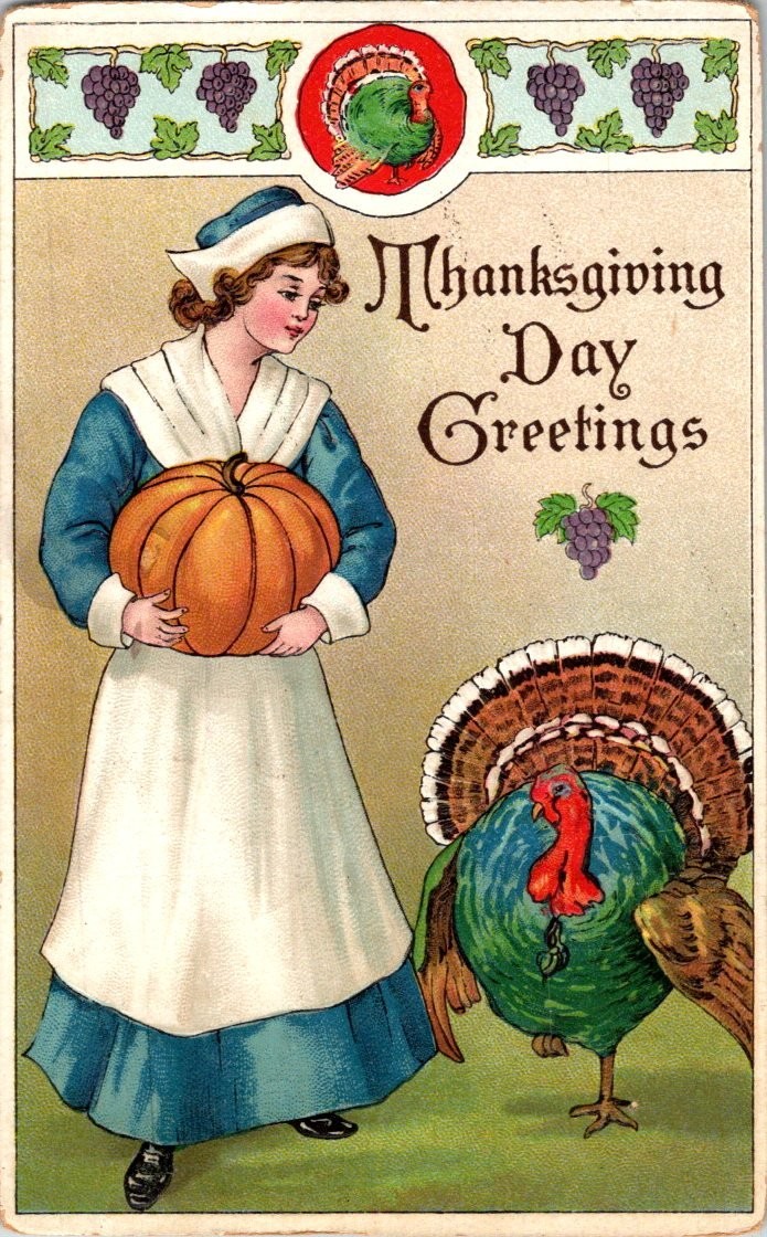 1910 Thanksgiving Pilgrim Girl Pumpkin Turkey Greene ME Postcard 1910 Thanksgiving Pilgrim Girl Pumpkin Turkey Greene ME Postcard