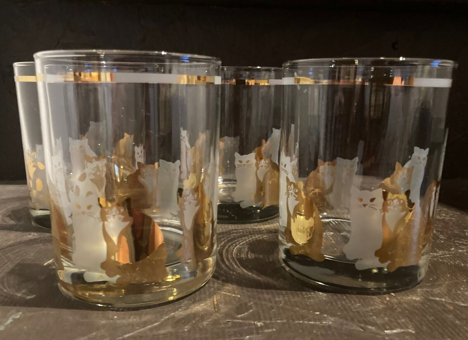 Georges Briard- Set of 4 - Gold White Cat- Low Ball Glass Tumbler- Signed