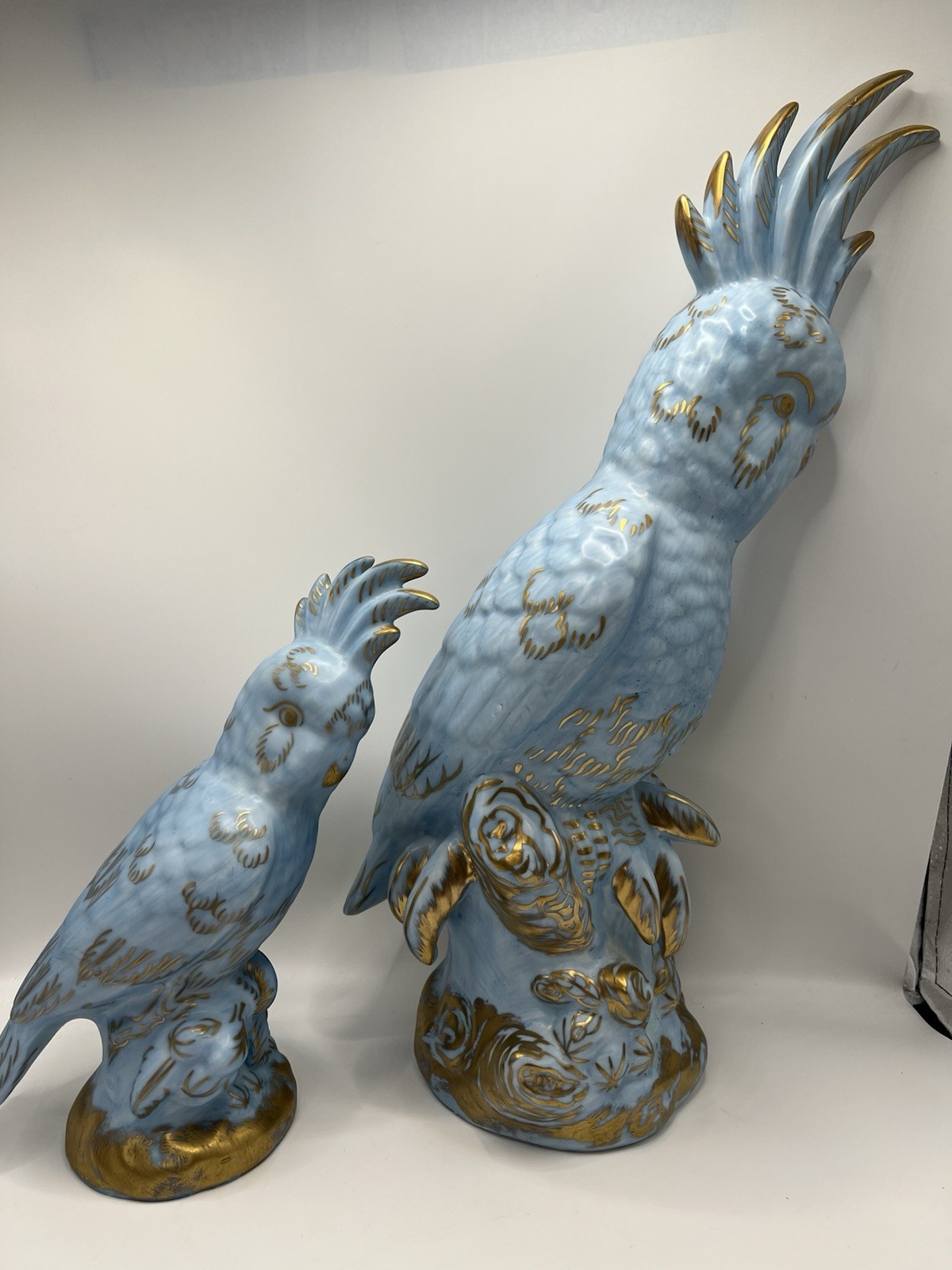 Pair Large Vtg Blue Gold Porcelain Cockatoo Parrots 20” & 11” Hollywood Regency Pair Large Vtg Blue Gold Porcelain Cockatoo Parrots 20” & 11” Hollywood Regency