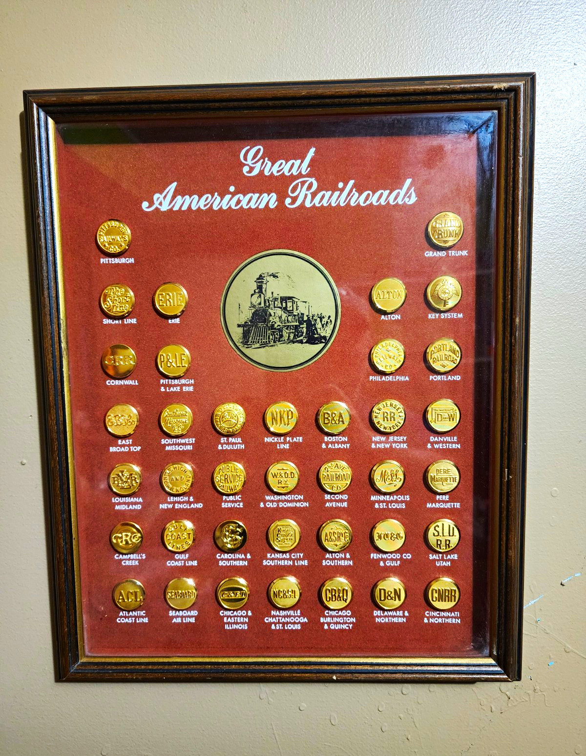 Framed Great American Railroads Button Pin Display 24k Gold Plated Framed Great American Railroads Button Pin Display 24k Gold Plated