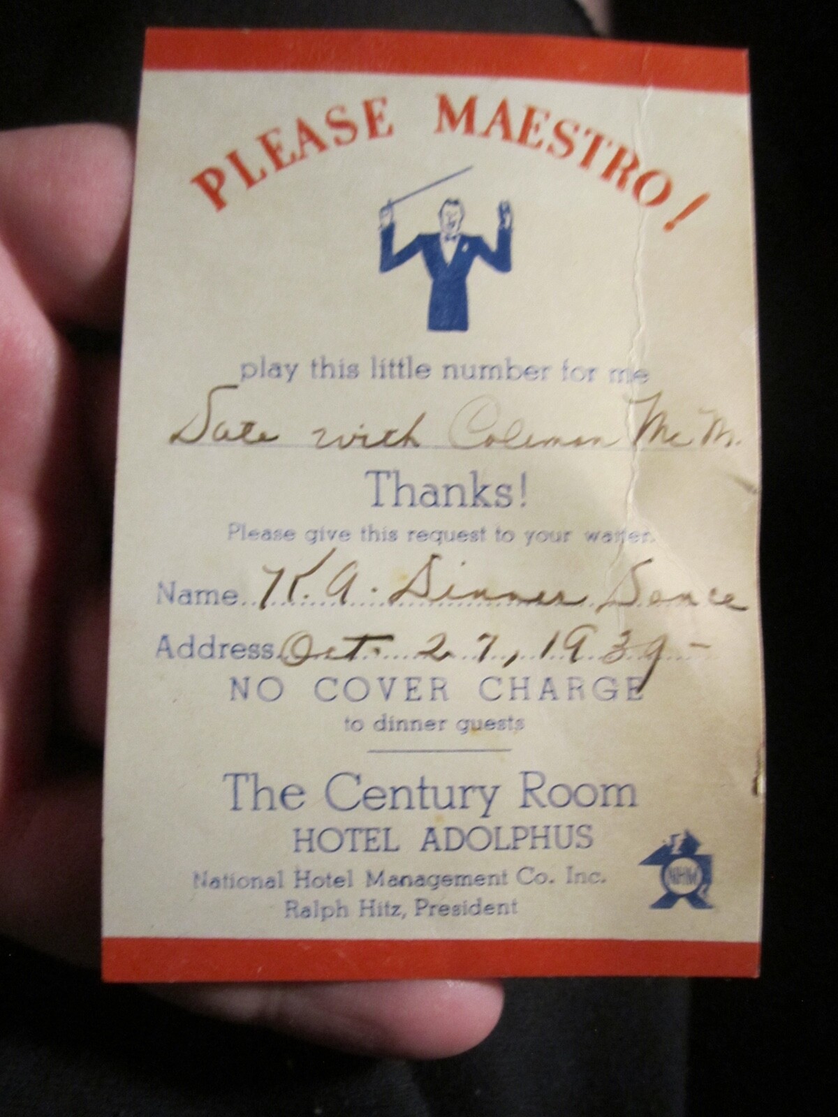 1939 HOTEL ADOLPHUS CENTURY ROOM DINNER & SHOW TICKET BBA-40