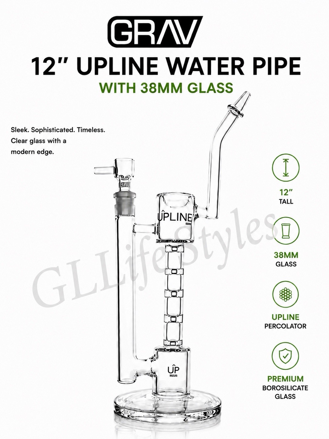 GRAV® Upline® 12” Water Pipe, Thick 38mm Glass Tubing, Bubbler Chambers Cool GRAV® Upline® 12” Water Pipe, Thick 38mm Glass Tubing, Bubbler Chambers Cool