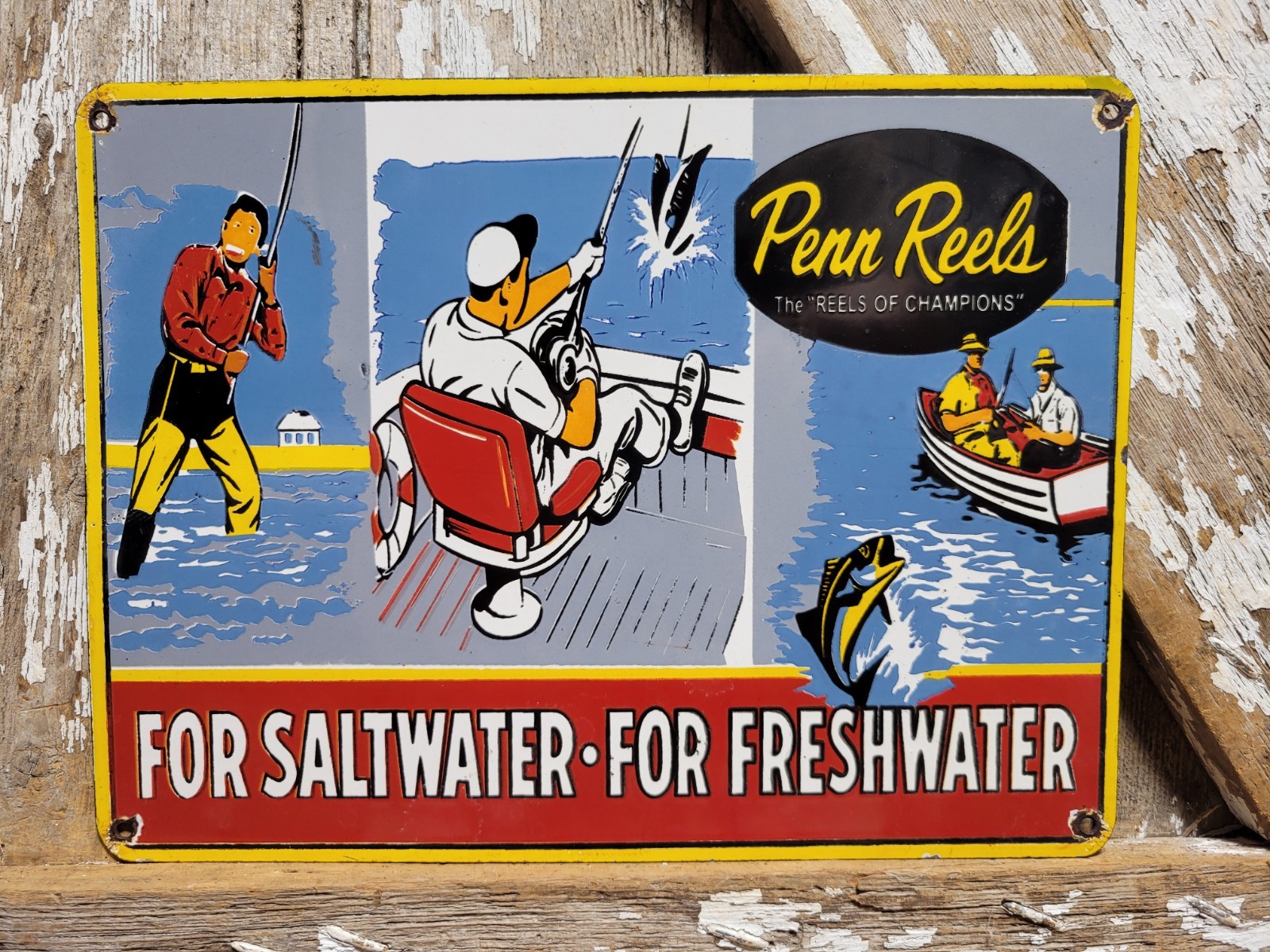 VINTAGE PENN REELS PORCELAIN SIGN OLD FISHING RODS TACKLE LURES BAIT SALTWATER VINTAGE PENN REELS PORCELAIN SIGN OLD FISHING RODS TACKLE LURES BAIT SALTWATER