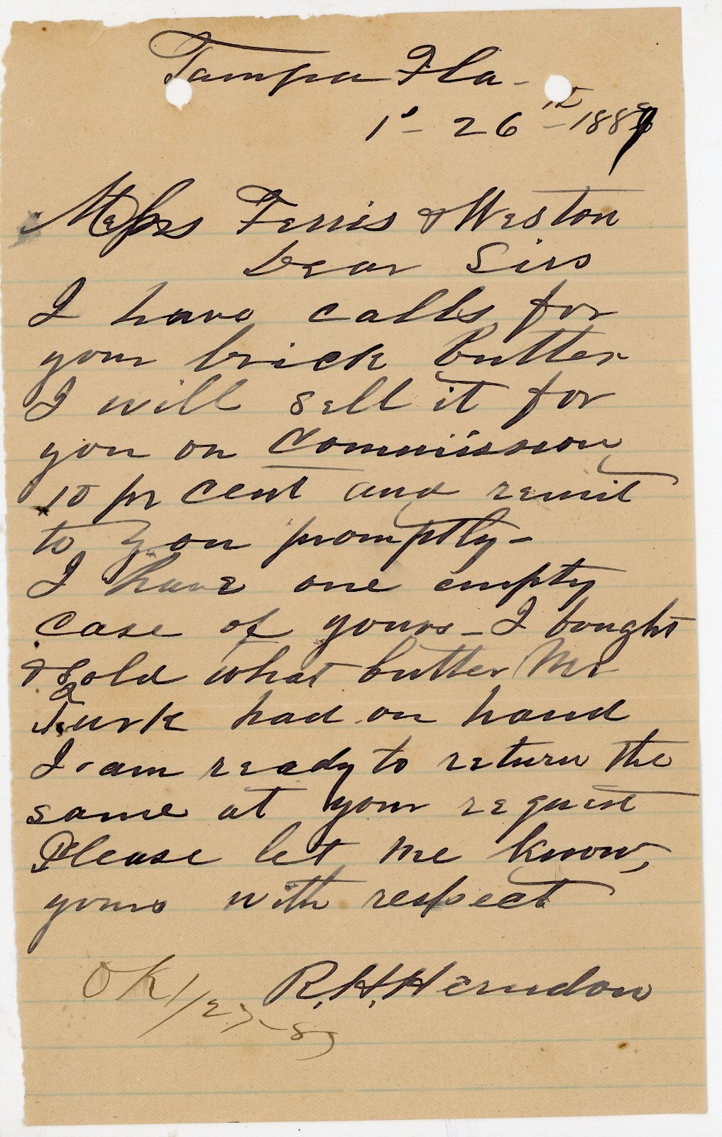 1889 Tampa Florida Handwritten Letter Brick Butter Ferris & Weston R.H. Herndon 1889 Tampa Florida Handwritten Letter Brick Butter Ferris & Weston R.H. Herndon
