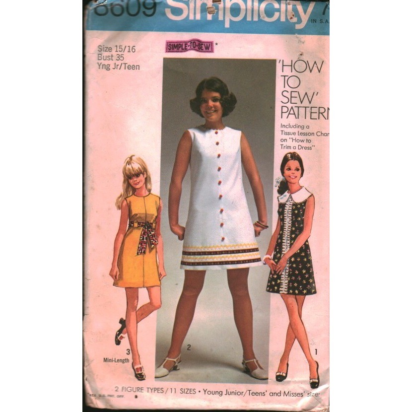 Vintage Simplicity 8609 Sewing Pattern 60s Mod A-Line Dress Size 15/16 Bust 35 Vintage Simplicity 8609 Sewing Pattern 60s Mod A-Line Dress Size 15/16 Bust 35