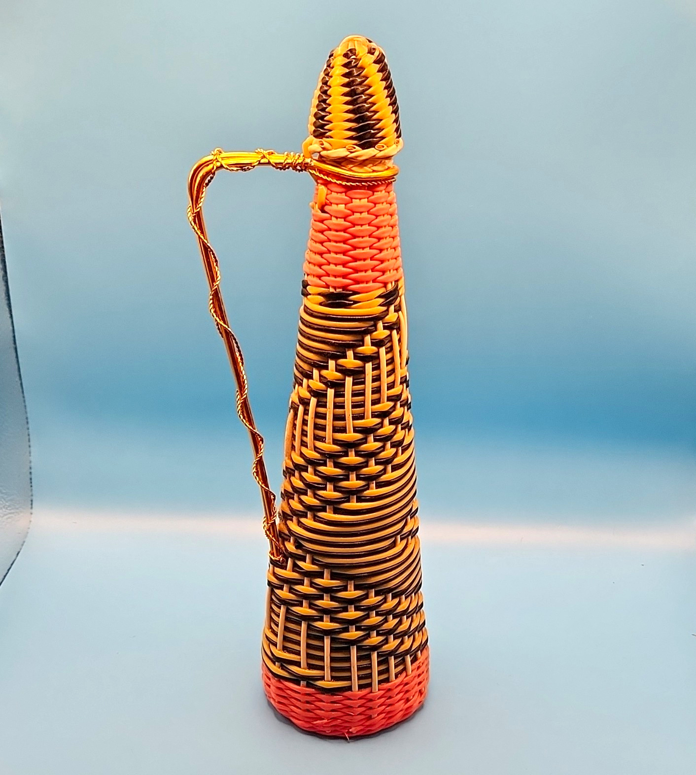 VTG MCM Scoubidou Woven Plastic Wrapped glass wine bottle Decanter Spain Carafe
