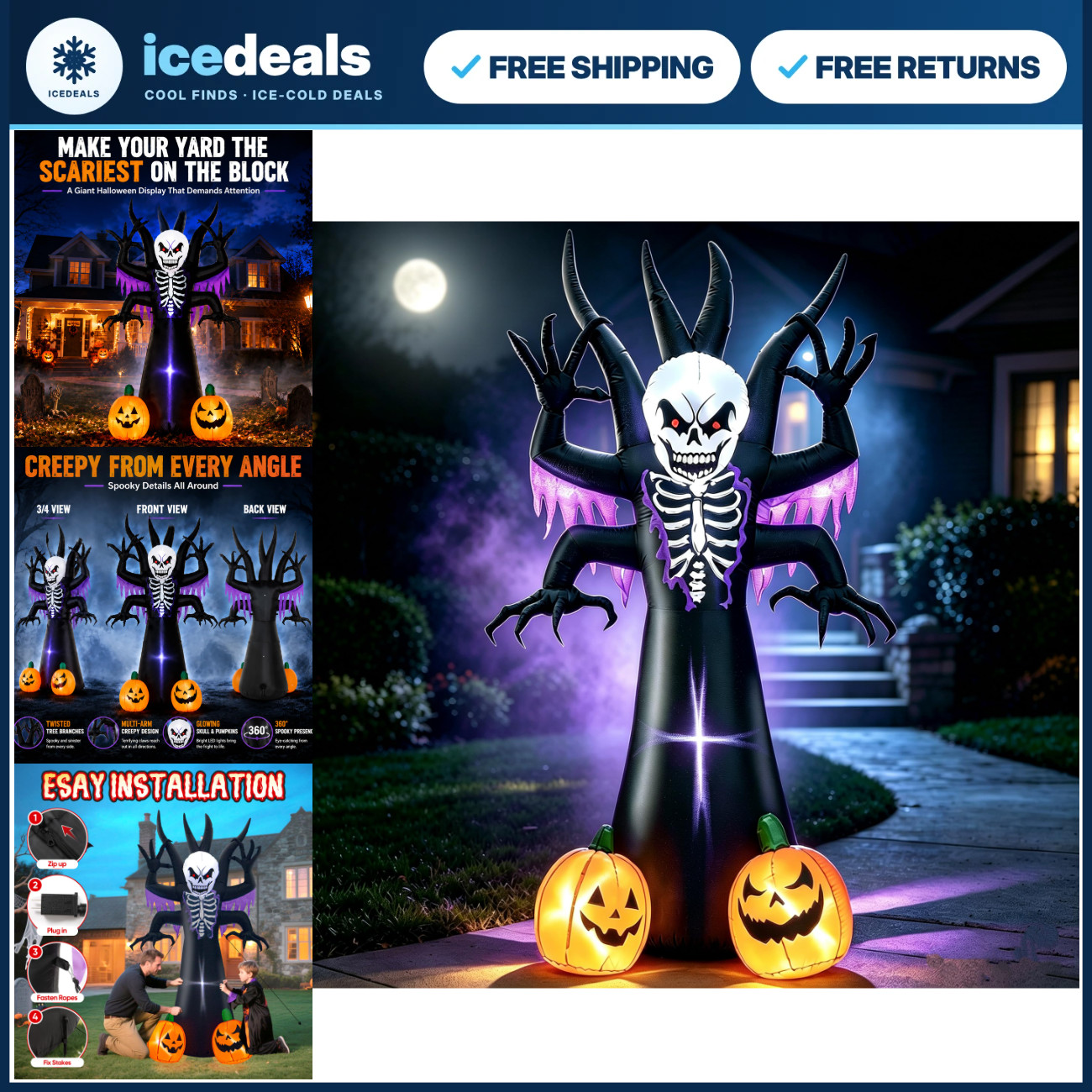 8FT Inflatable Grim Reaper Skeleton Tree Halloween Yard Decoration with LED Ligh 8FT Inflatable Grim Reaper Skeleton Tree Halloween Yard Decoration with LED Ligh