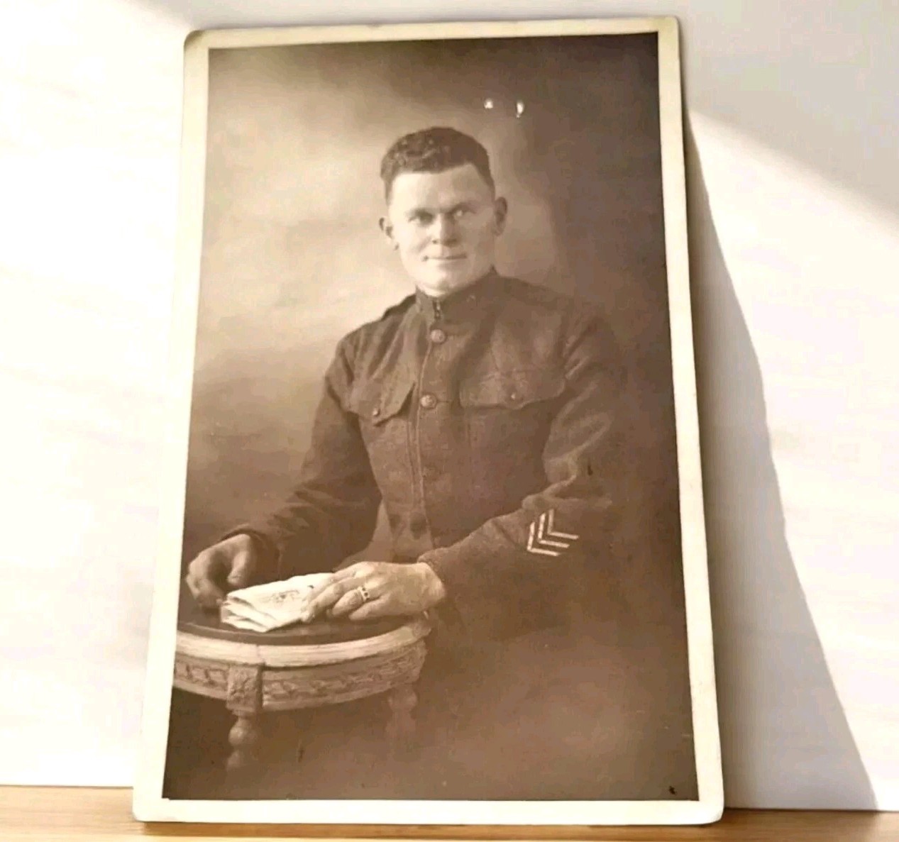 WWI Era Soldier in Uniform Staff Sergeant RPPC Studio Military Photo Postcard