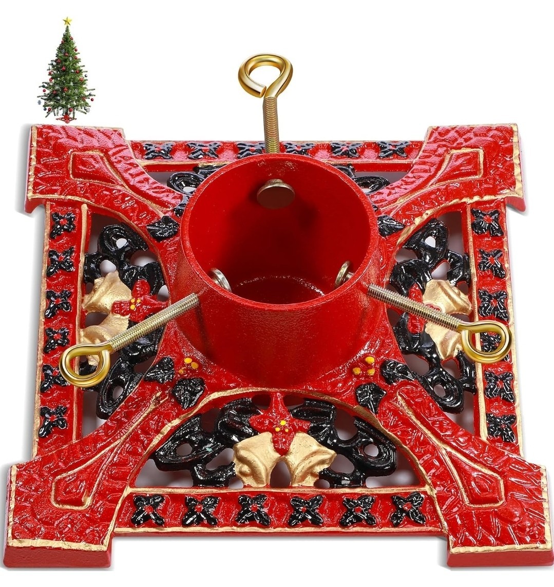 Cast Iron Christmas Tree Stand for Real Live Trees, Red Cast Iron Christmas Tree Stand for Real Live Trees, Red