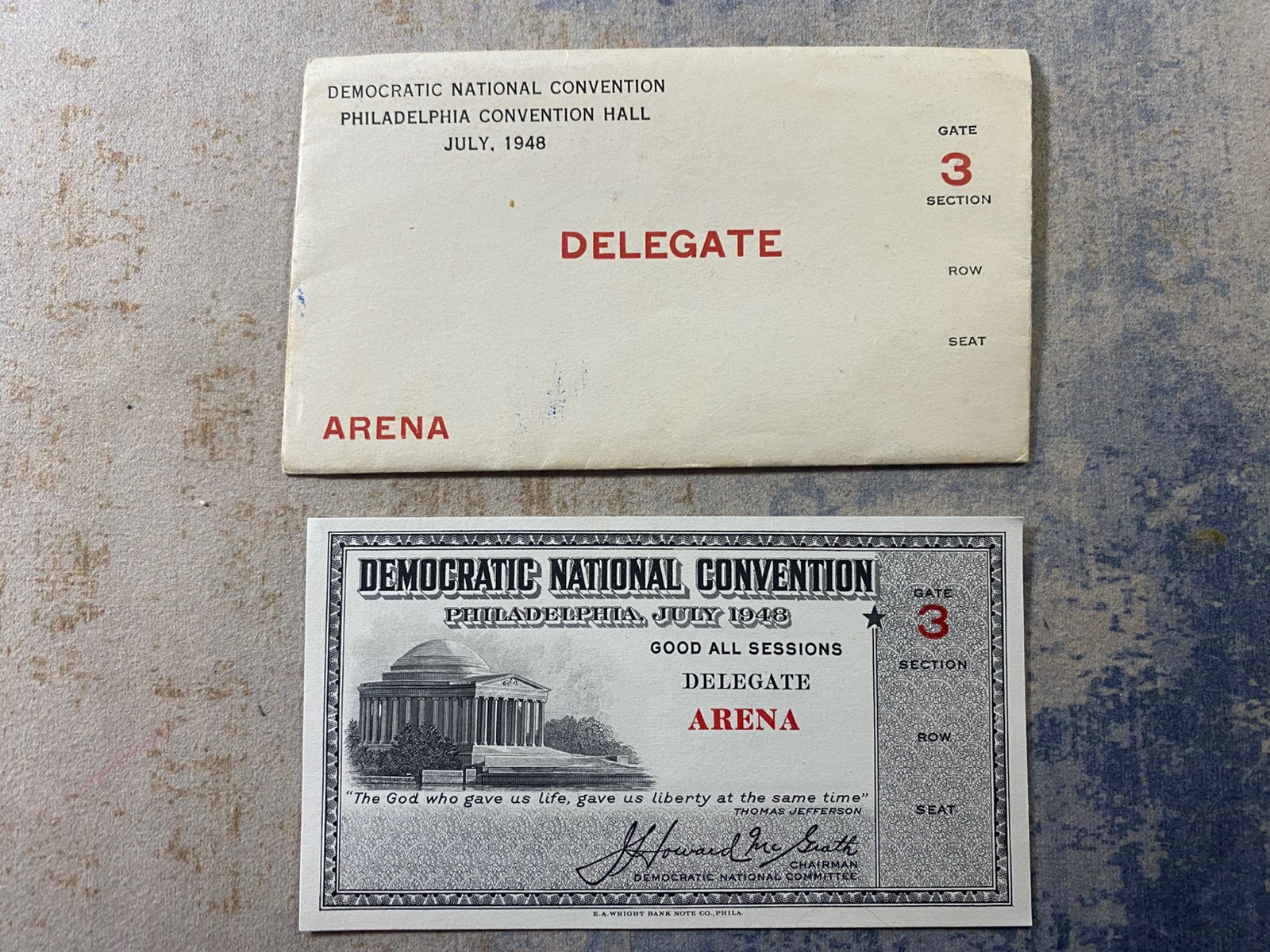 Democratic National Convention 1948 Philadelphia Delegate Ticket/Envelope Arena Democratic National Convention 1948 Philadelphia Delegate Ticket/Envelope Arena