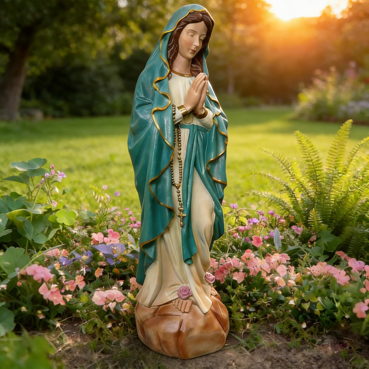31 Inch Virgin Mary Garden Statue Outdoor, Handcrafted Teal Blue Robe 31 Inch Virgin Mary Garden Statue Outdoor, Handcrafted Teal Blue Robe
