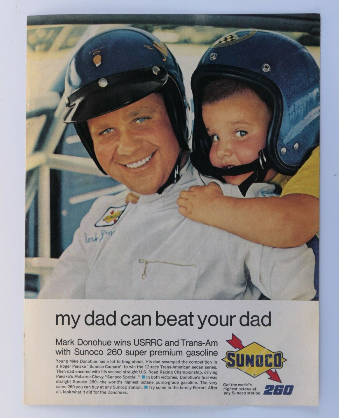 Mark Donohue & Mike Vintage 1970 Sunoco My Dad Can Beat Your Original Print Ad Mark Donohue & Mike Vintage 1970 Sunoco My Dad Can Beat Your Original Print Ad
