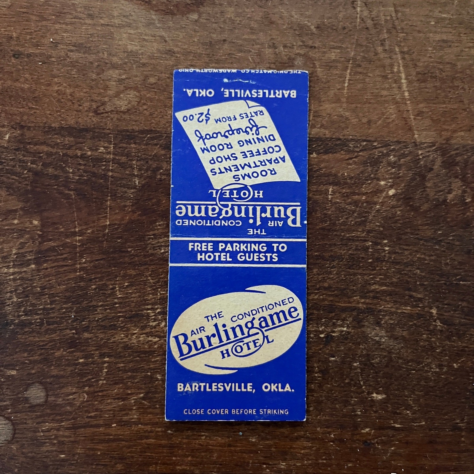 The Burlingame Hotel Bartlesville OK Advertising Matchbook Cover MM11-6 The Burlingame Hotel Bartlesville OK Advertising Matchbook Cover MM11-6