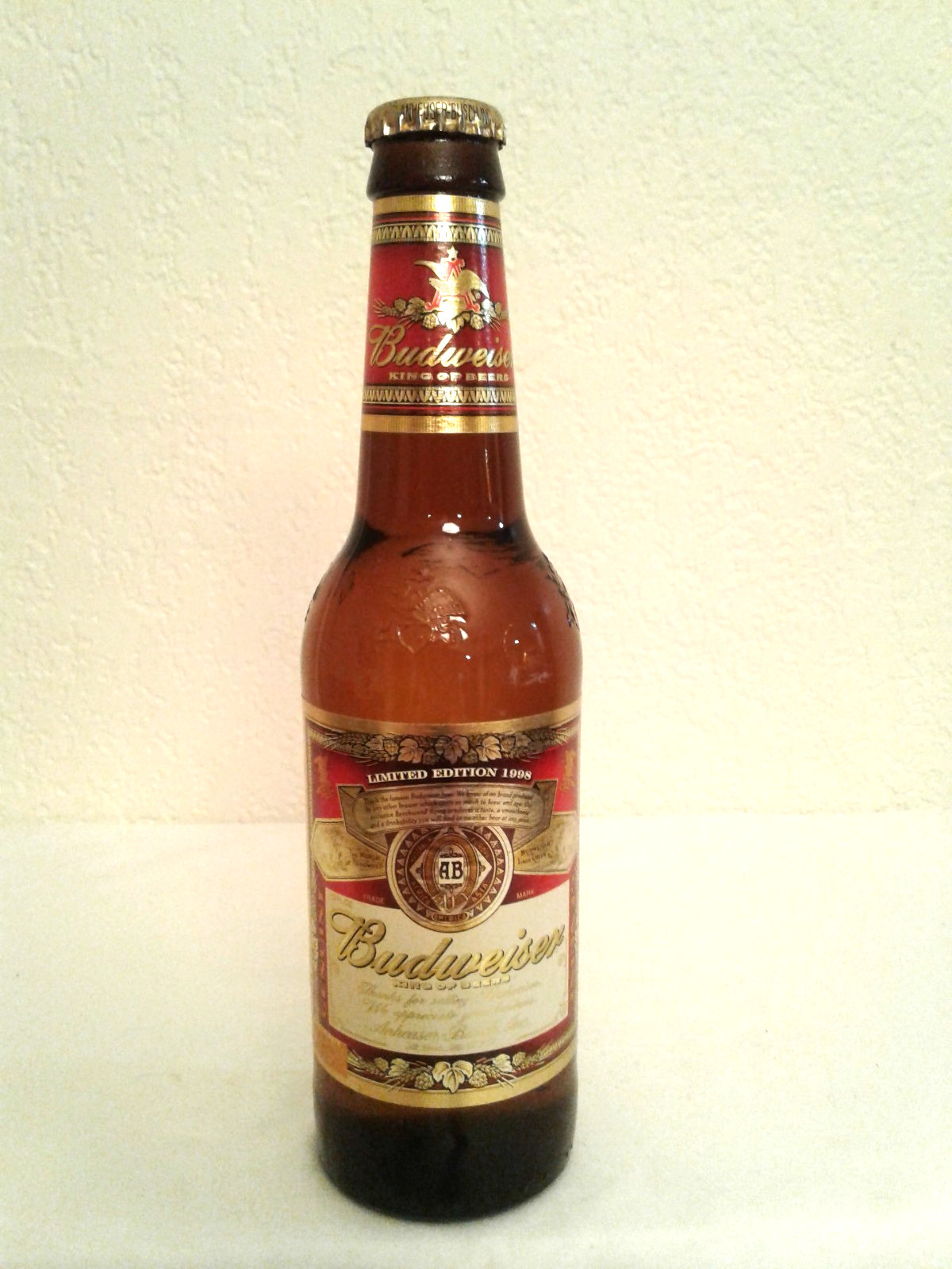 Display Bottle, Glass "Budweiser" Limited Edition 1998 9" Tall x 2 1/4" wide Display Bottle, Glass "Budweiser" Limited Edition 1998 9" Tall x 2 1/4" wide