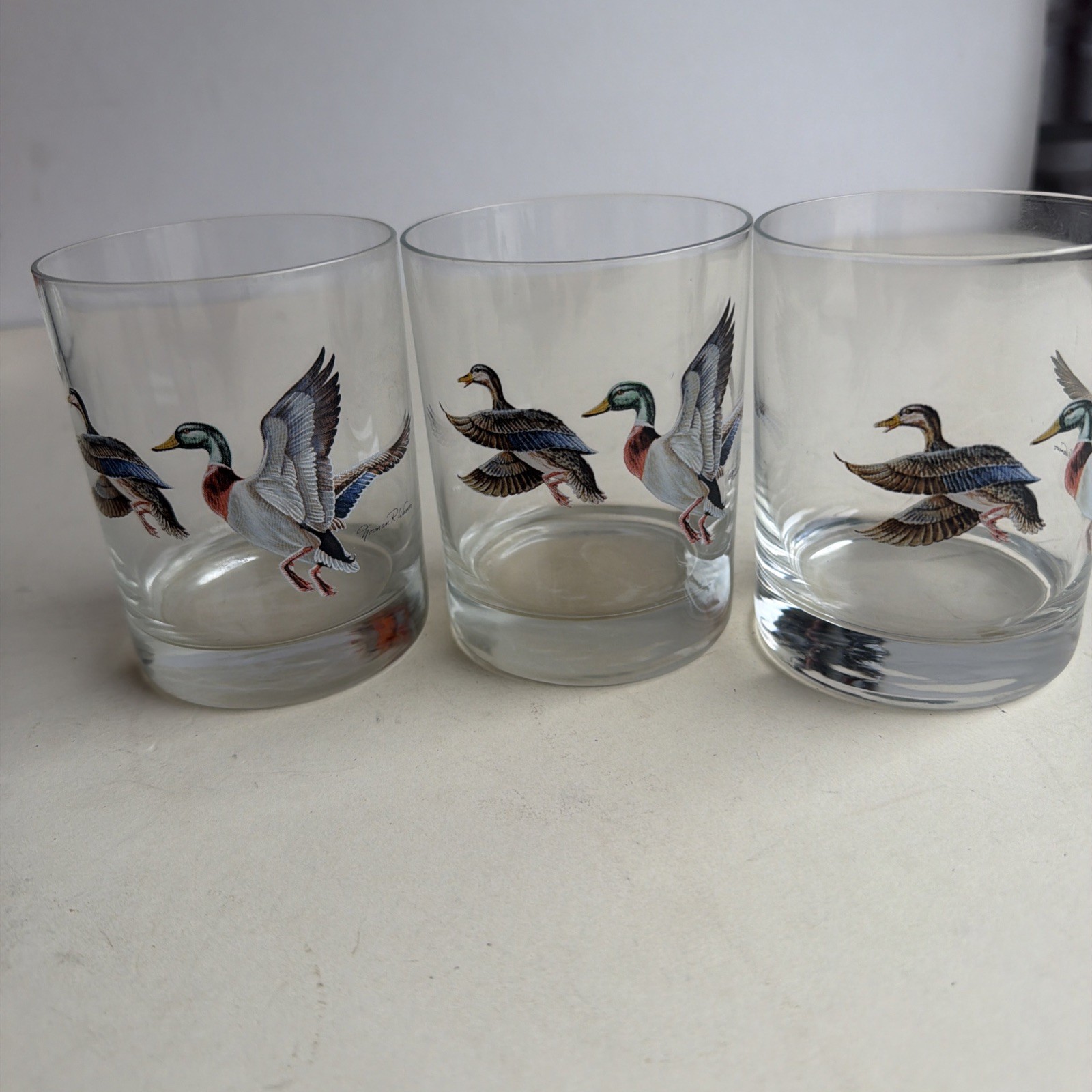 Set Of 3 Vintage Norman R Wamer Mallard Duck Whiskey Lowball Glasses Bar Cabin