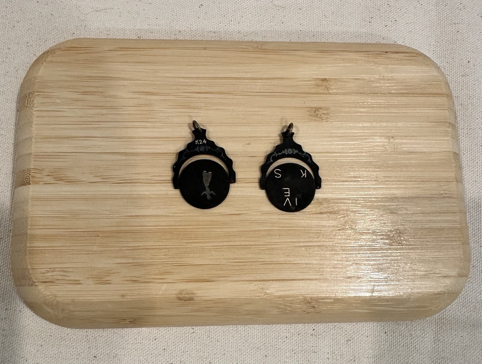 Antique LUX Free Mason Masonic Spinning Fob Pendant Damascene Black Finish pair Antique LUX Free Mason Masonic Spinning Fob Pendant Damascene Black Finish pair