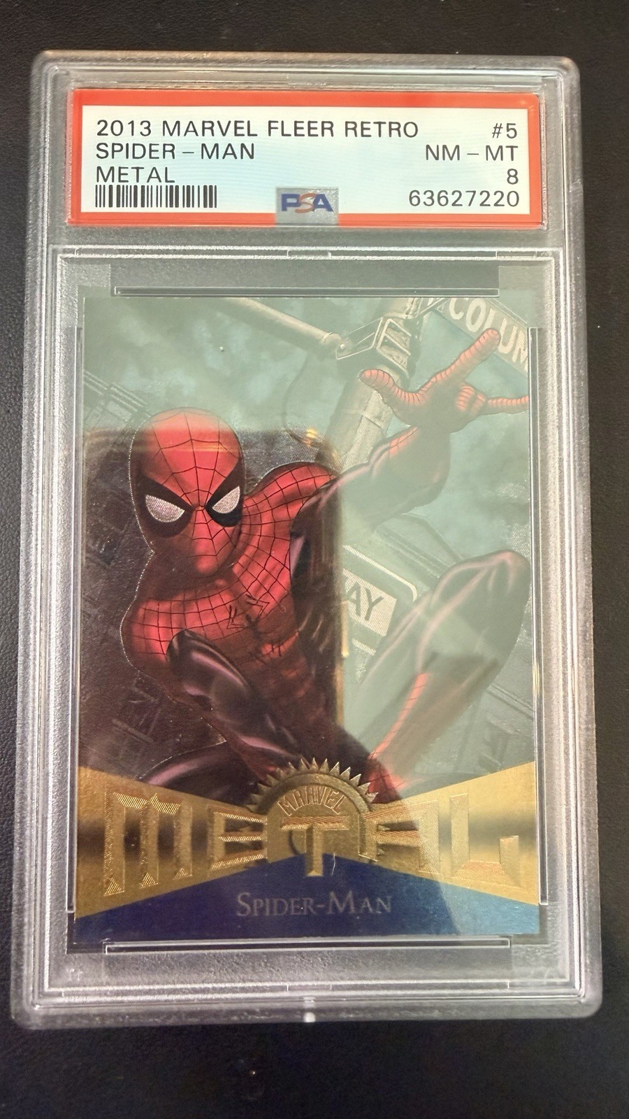 Spider-Man 2013 Fleer Retro Marvel Metal Spiderman #5 PSA 8 Spider-Man 2013 Fleer Retro Marvel Metal Spiderman #5 PSA 8