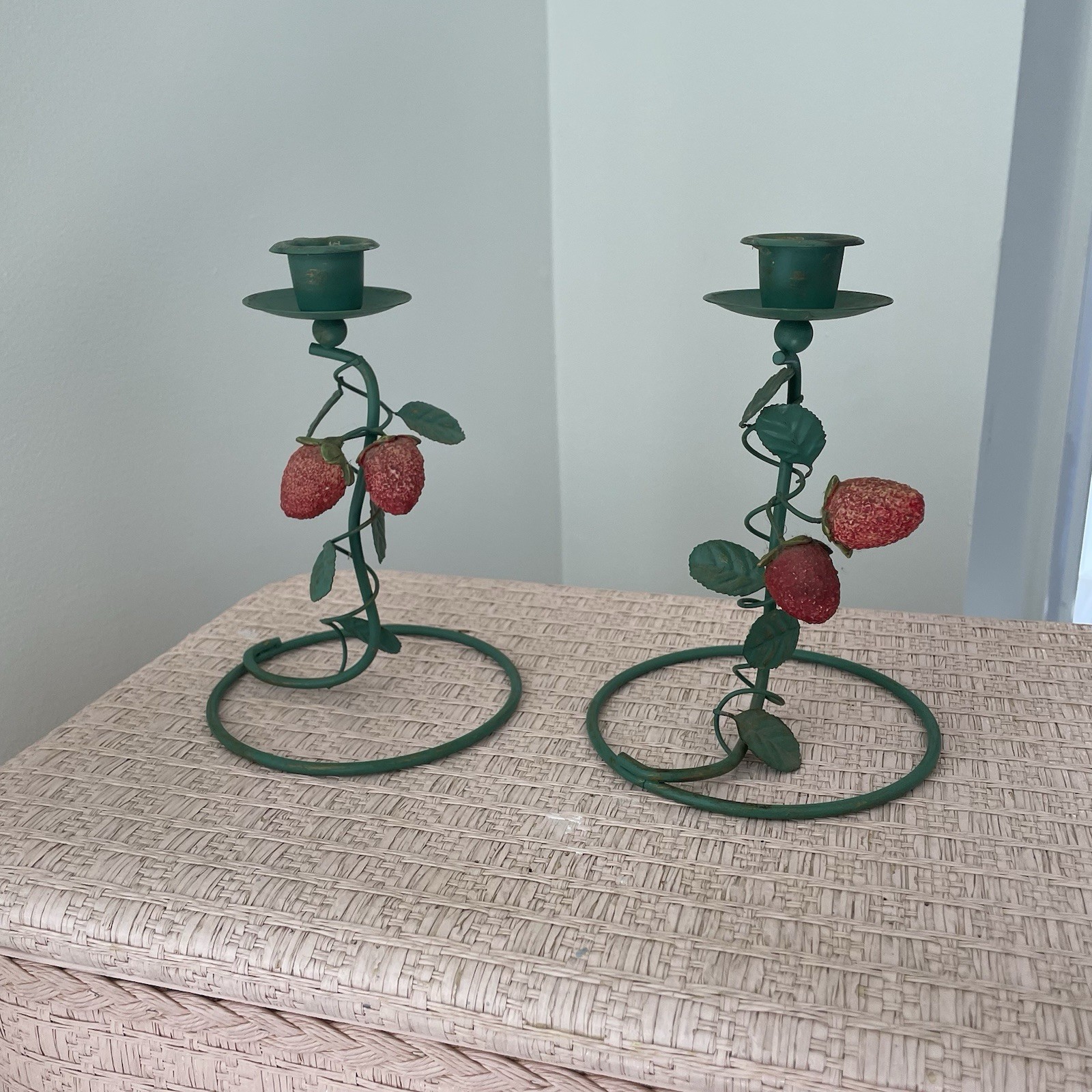 Italian Hand Crafted Strawberry Tolewear Vintage Candlestick Holders Pair MCM