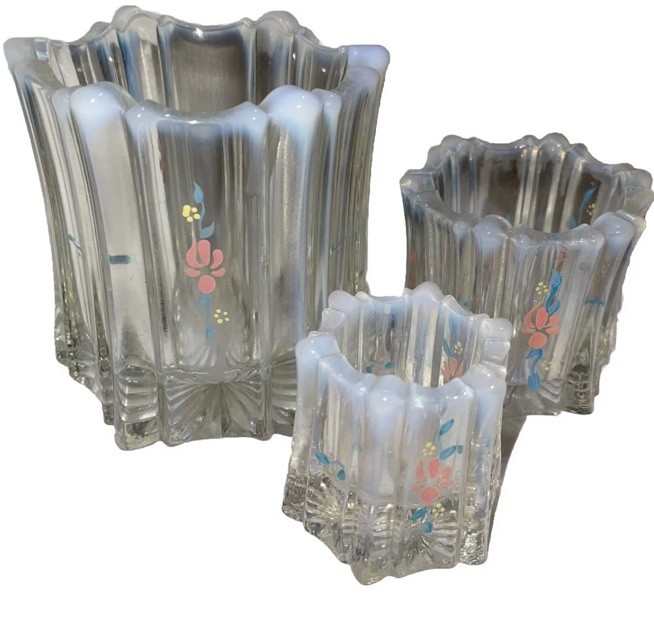 Nice Rare Fenton Opalescent Glass HP Vulcan 3 Votive Candle Holders Vase