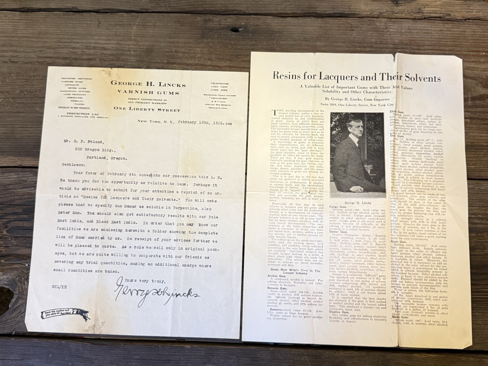 1926 George H. Lincks Signed Letter & Varnish Gums Brochure NYC Portland OR 1926 George H. Lincks Signed Letter & Varnish Gums Brochure NYC Portland OR