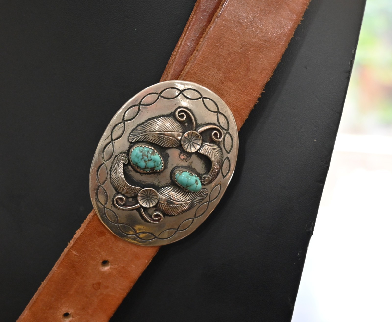 1970s Navajo Joe Yazzie N/S Turquoise Buckle on Tooled VFW Leather Belt Vintage 1970s Navajo Joe Yazzie N/S Turquoise Buckle on Tooled VFW Leather Belt Vintage