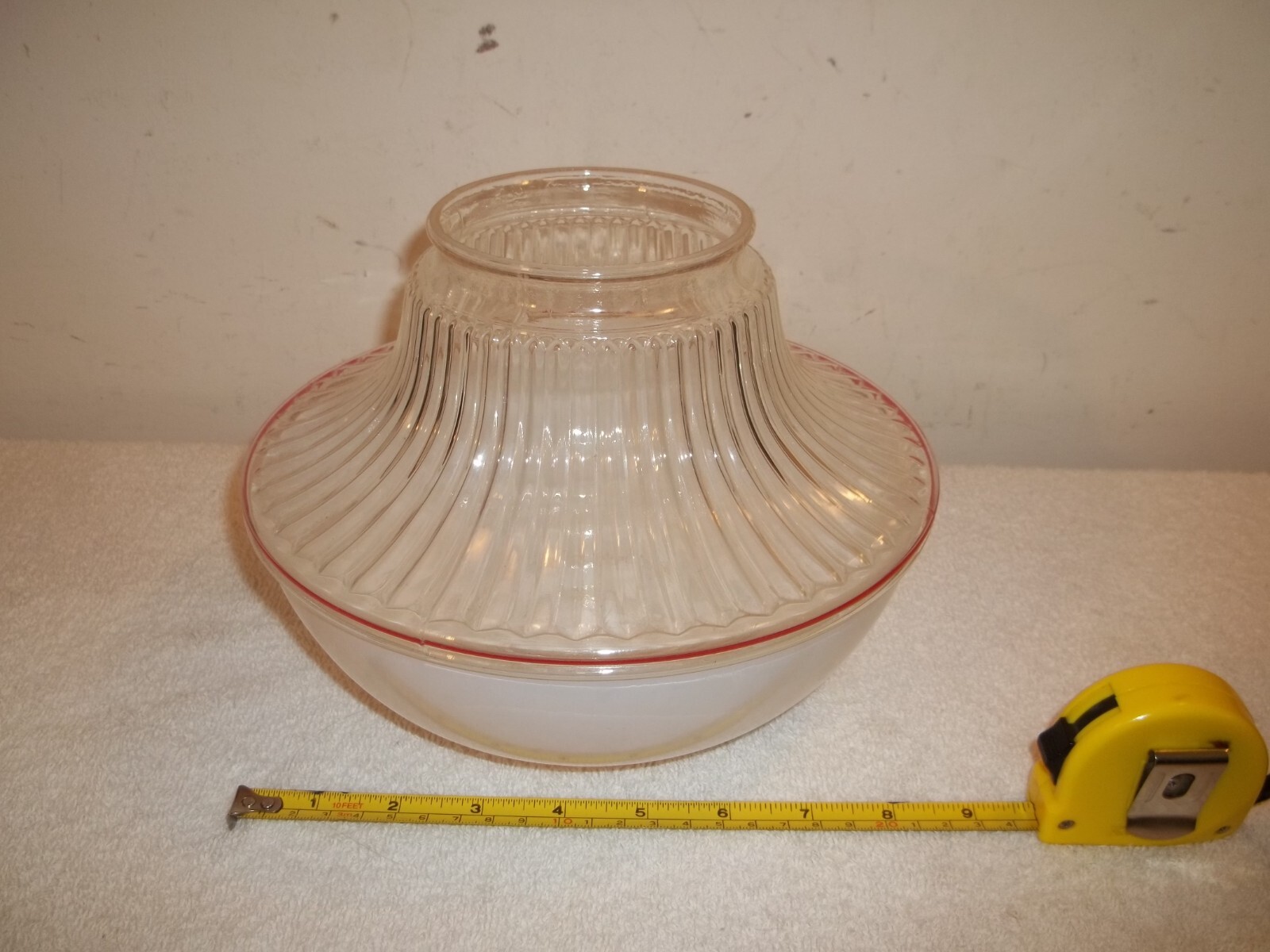 Vtg MCM Milk White Clear Red Pinstripe Glass Mushroom Shape Ceiling Light Globe