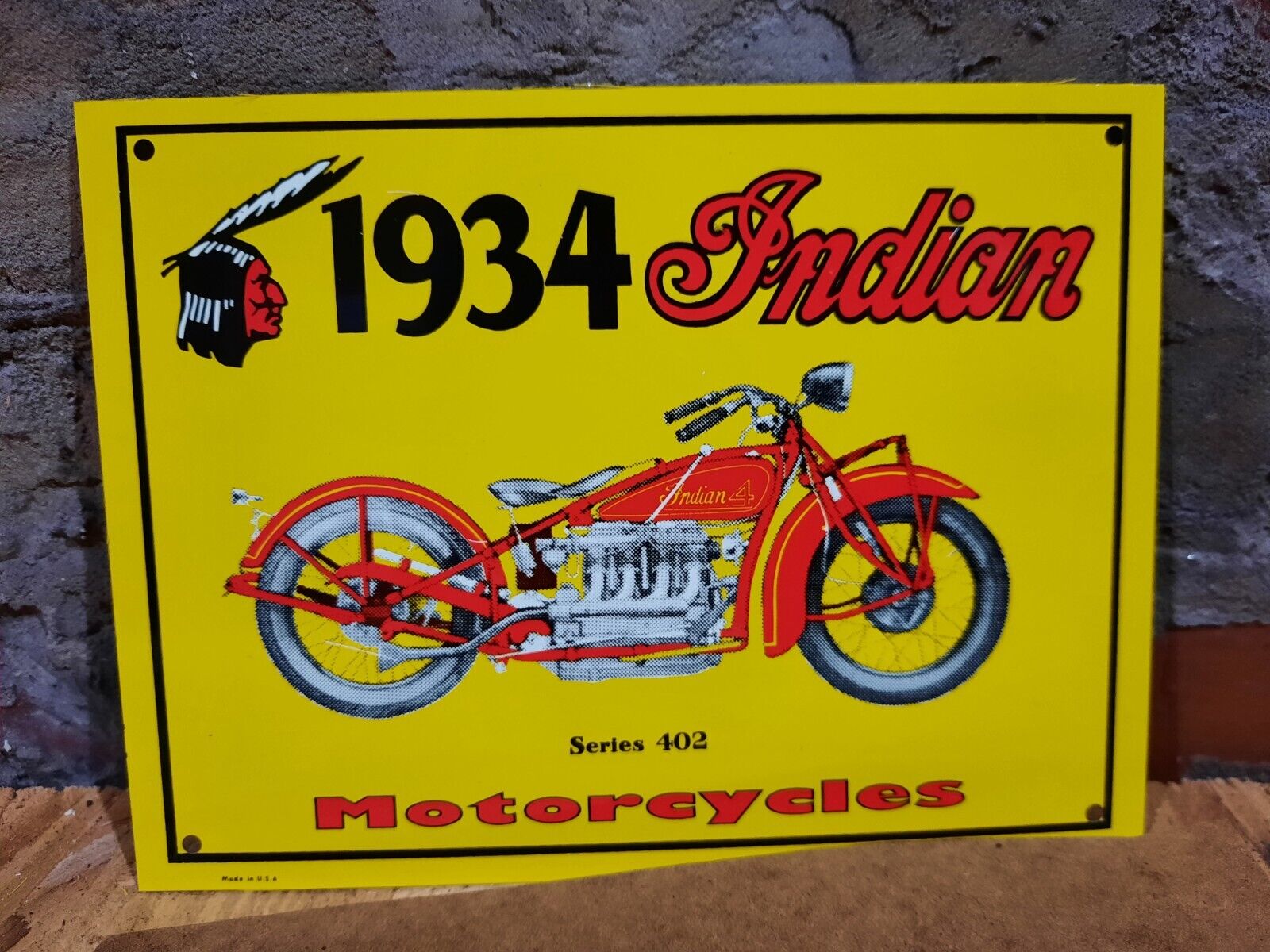 NEW OLD STOCK NOS METAL TACKER SIGN 1934 INDIAN MOTORCYCLES SERIES 402 MINT SIGN