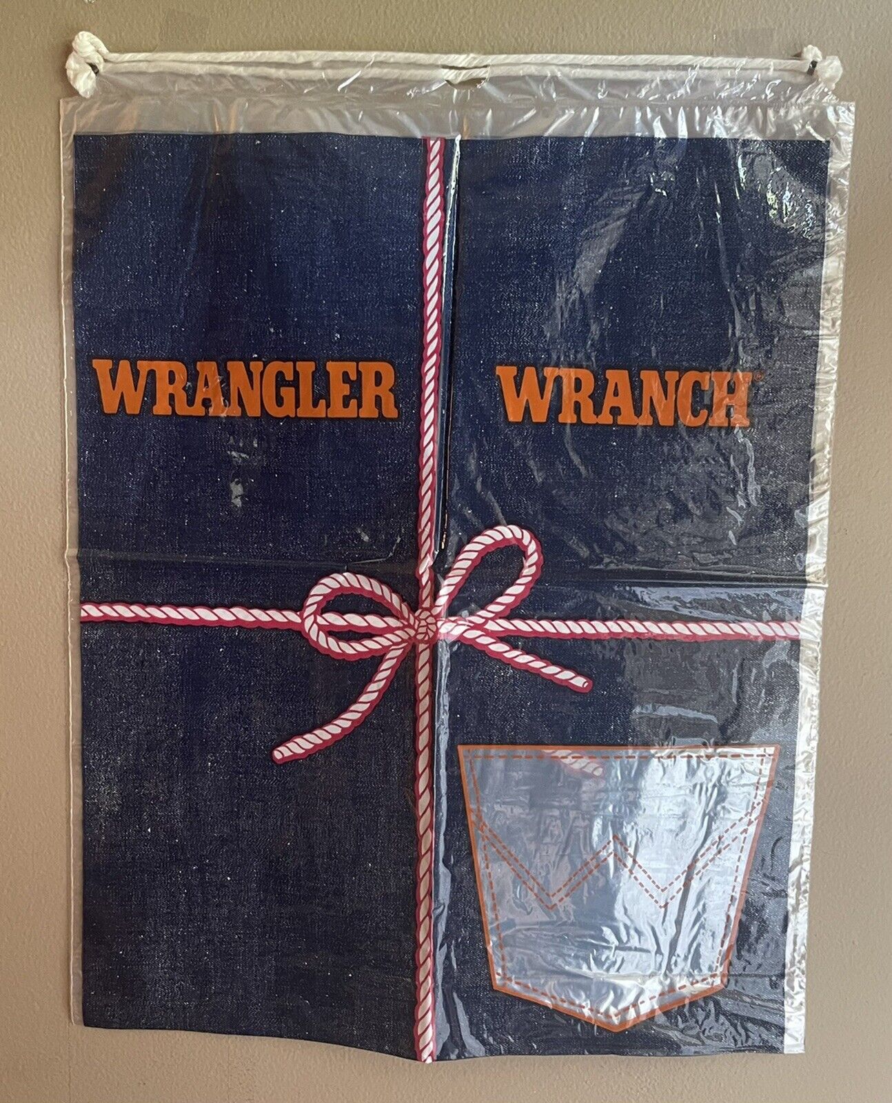 Vintage 70s Wrangler Wranch Plastic Shopping Store Bag Drawstring Denim Jean