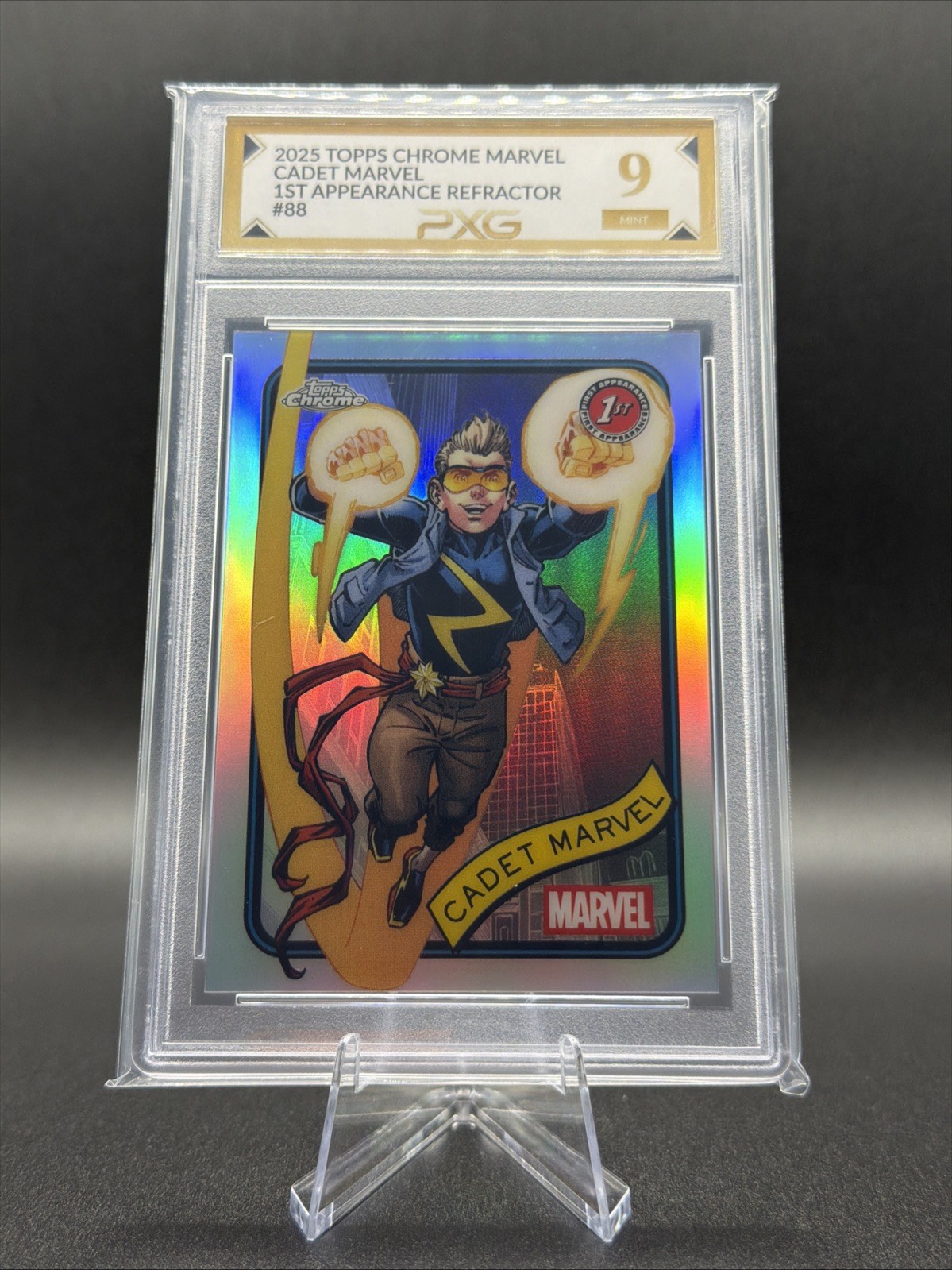 2025 Topps Chrome Marvel CADET MARVEL 1st Appearance Refractor #88 PXG 9 Mint 2025 Topps Chrome Marvel CADET MARVEL 1st Appearance Refractor #88 PXG 9 Mint
