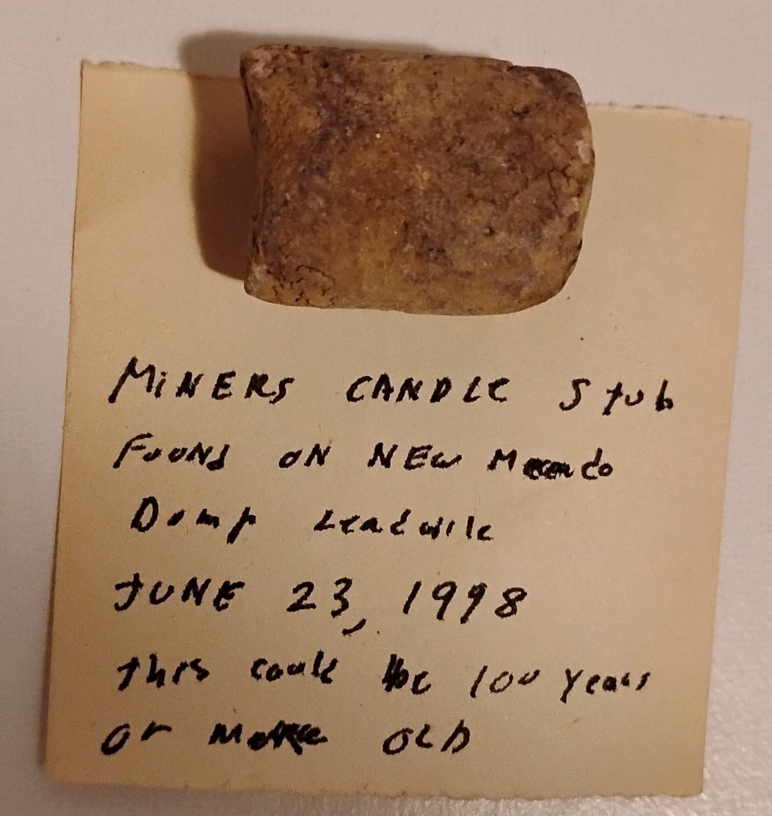 Antique Miniature 1" Long Miners Candle Stub With Note Antique Miniature 1" Long Miners Candle Stub With Note