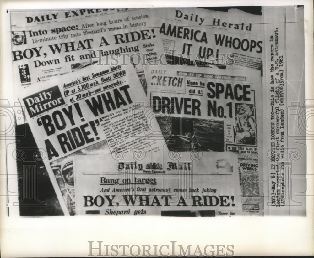 1961 Press Photo Headlines in London of American space launch - nosp02651 1961 Press Photo Headlines in London of American space launch - nosp02651