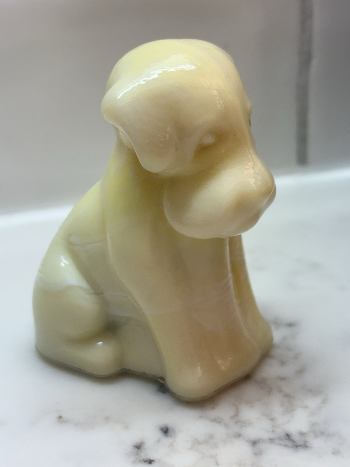 Vtg Pooch The Dog Degenhart Yellow Custard W/ White Slag Glass UV Glow Marked D Vtg Pooch The Dog Degenhart Yellow Custard W/ White Slag Glass UV Glow Marked D