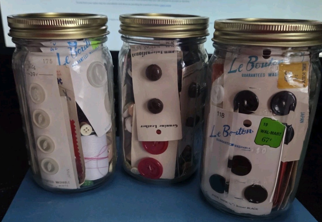 Mystery Sewing Jar Vintage Sewing Notions Lot Thread, Needles, & Loads of Button Mystery Sewing Jar Vintage Sewing Notions Lot Thread, Needles, & Loads of Button