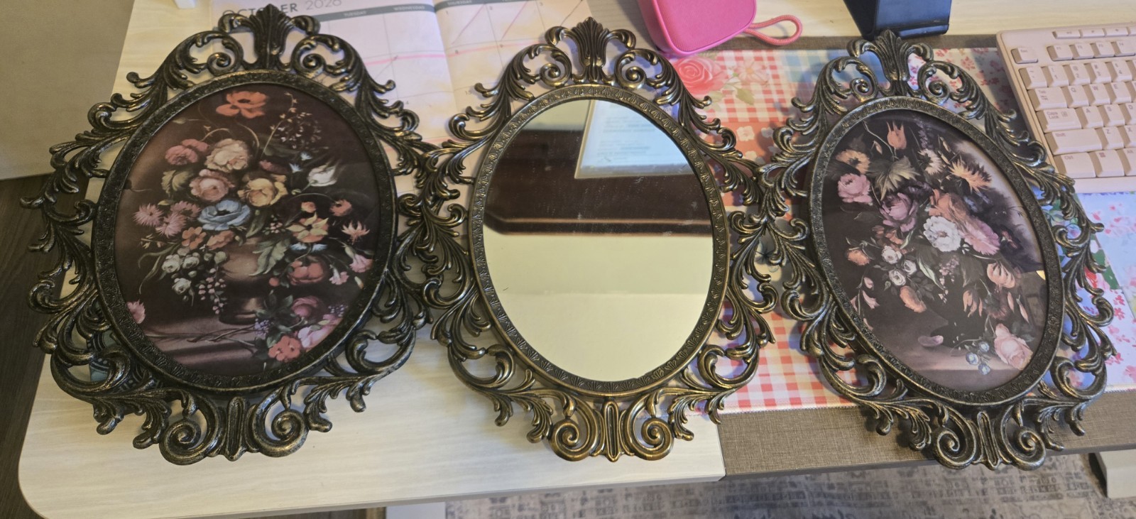 Trio Vintage Italian Ornate Brass Wall Art/ Mirror Bubble Glass 