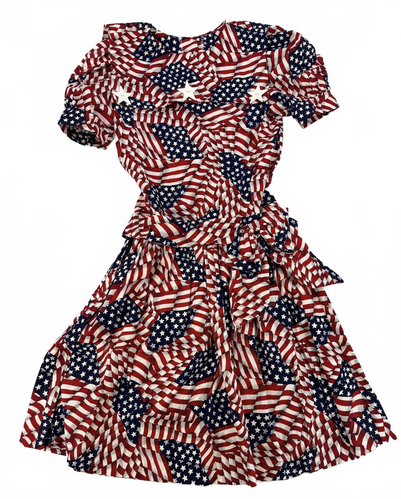 Vintage USA Flag Print Dress Stars Stripes Red White Blue Patriotic S Vintage USA Flag Print Dress Stars Stripes Red White Blue Patriotic S