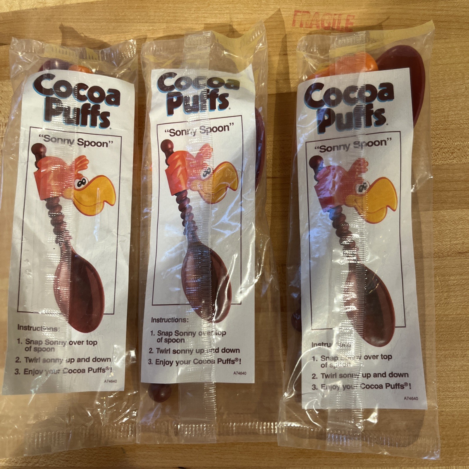 Three General Mills Cocoa Puffs Cereal Premium - 1994 Twirling “Sonny Spoon” New