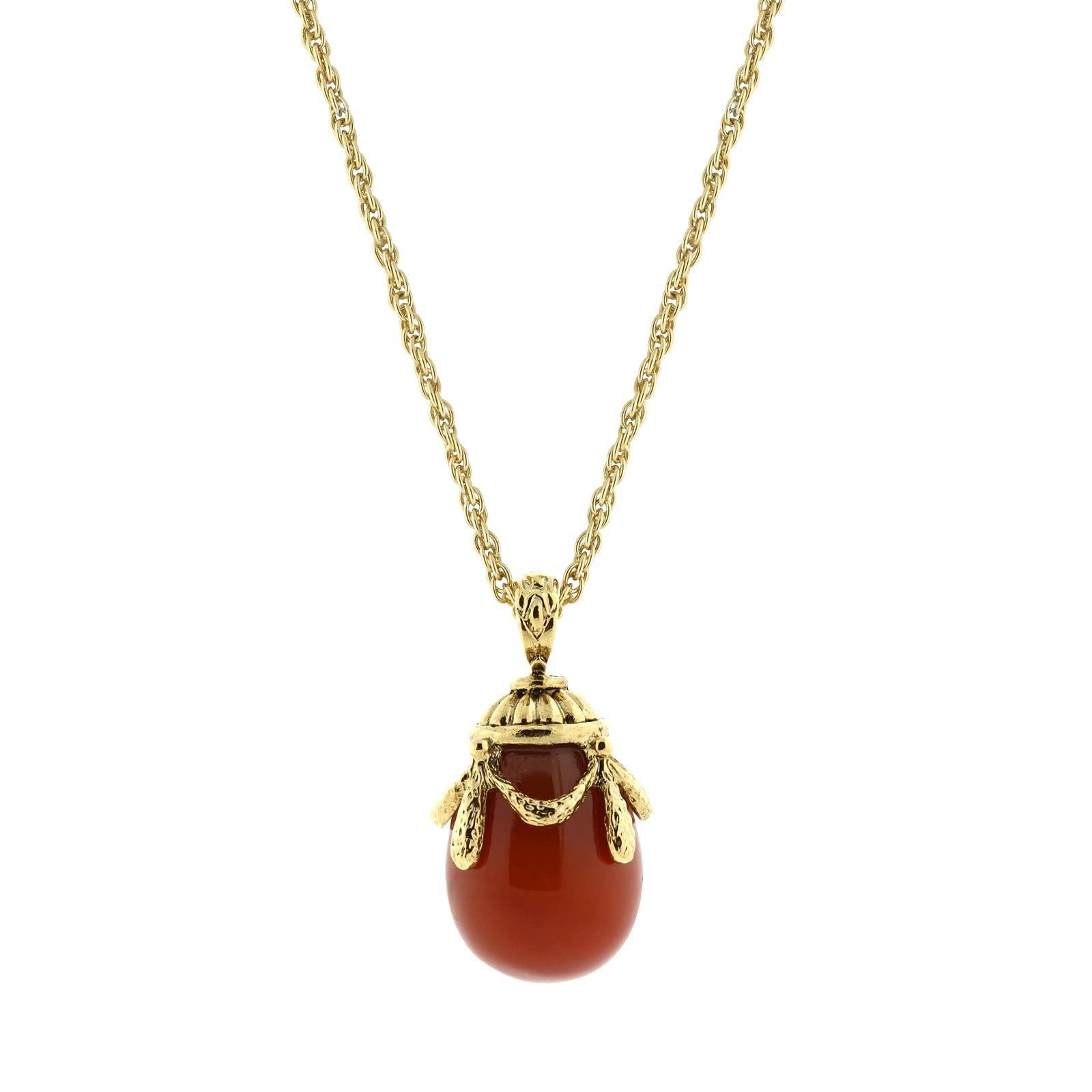 1928 Jewelry Carnelian Egg Pendant Necklace, 30", Antique Gold Tone