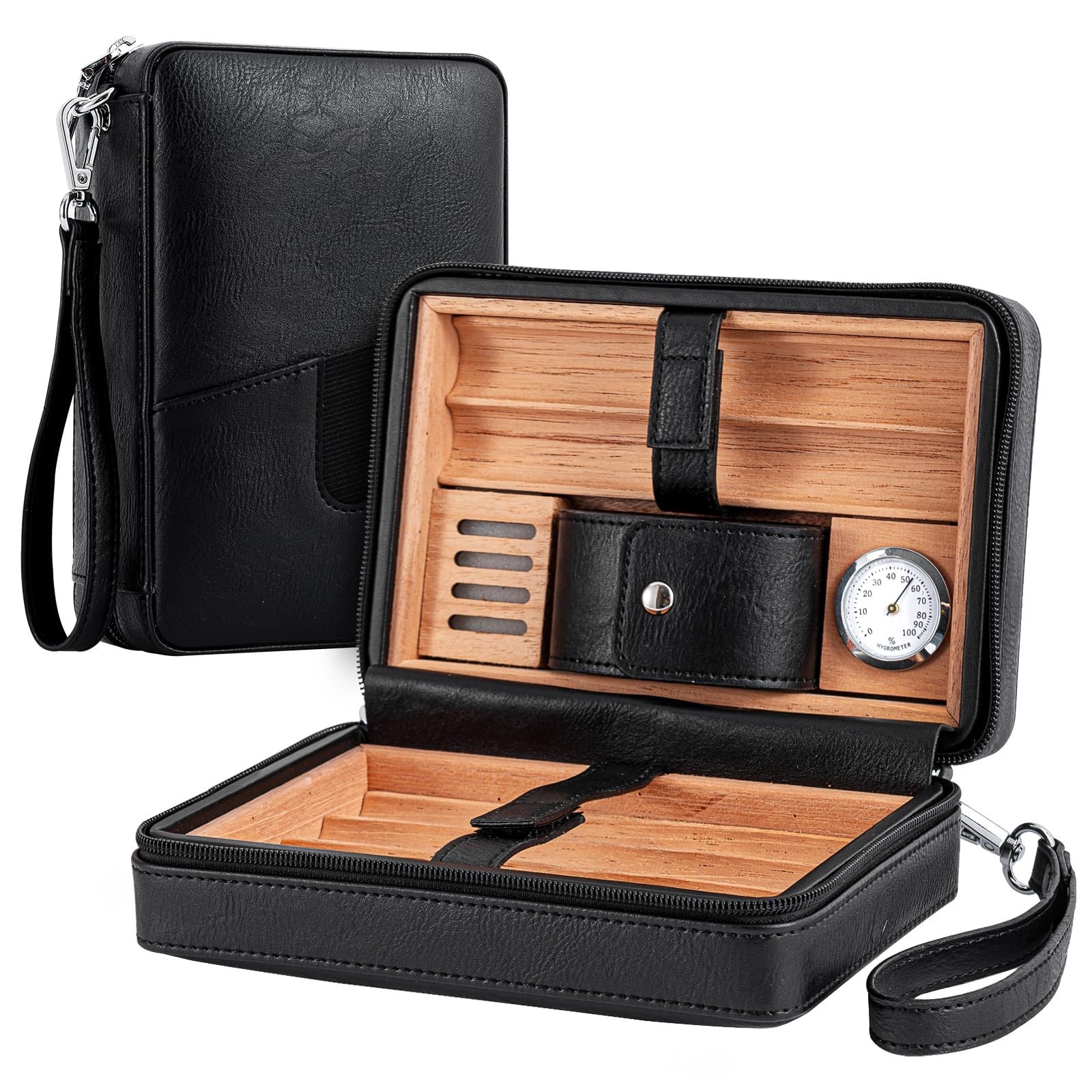 Leather cedar wood case, travel box with hygrometer, capacity 6pcs(Black) Leather cedar wood case, travel box with hygrometer, capacity 6pcs(Black)