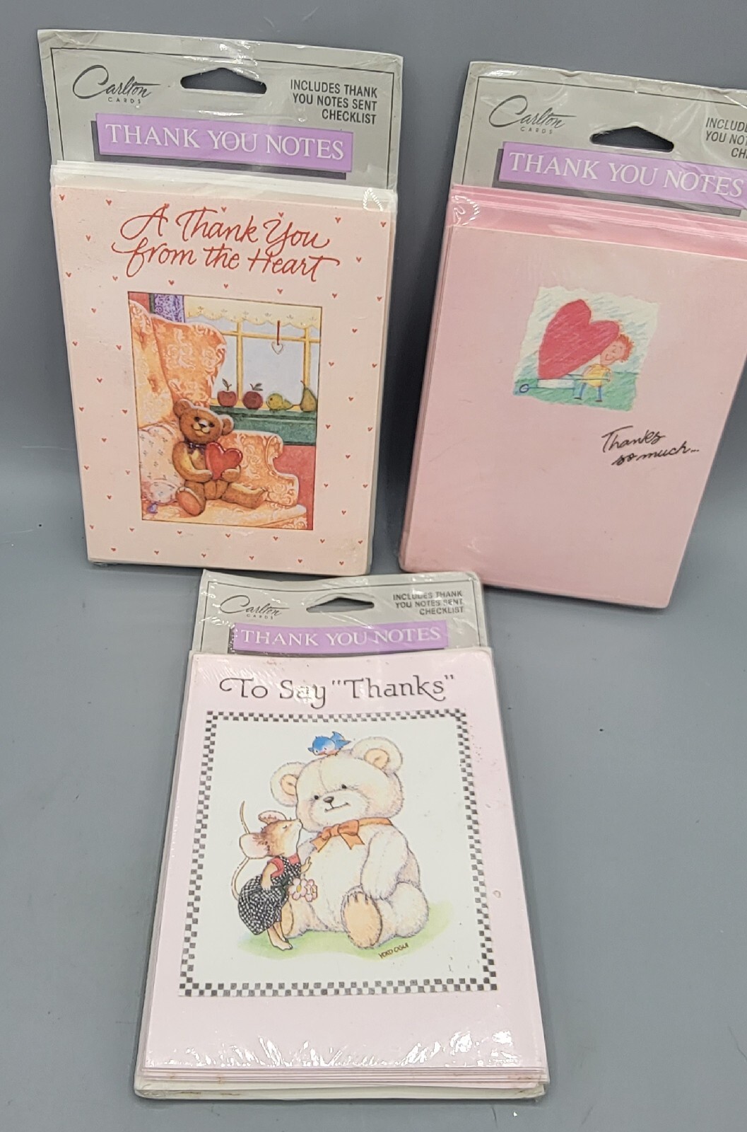 Lot 3 Packs of 8 Vintage Carlton Cards Thank You Notes Heart Bears Pink