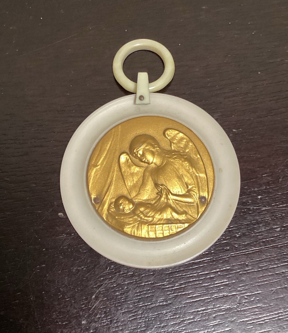 Antique Art Deco Cradle Medal 1920s-30s France Bakelite Guardian Angel Child Antique Art Deco Cradle Medal 1920s-30s France Bakelite Guardian Angel Child