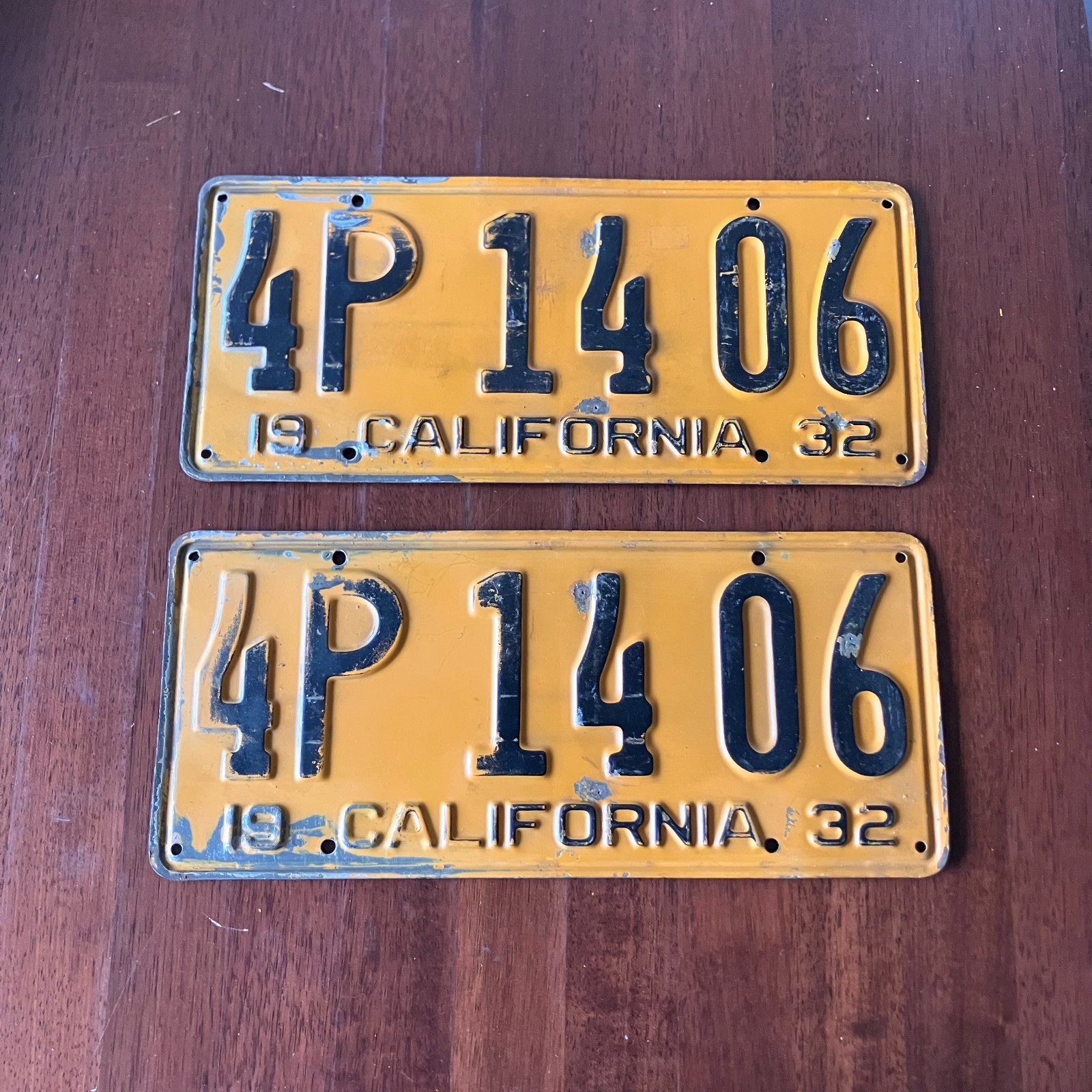 2 VTG 1932 California Yellow License Plates 4P 14 06 RARE DEPRESSION ERA FIND 2 VTG 1932 California Yellow License Plates 4P 14 06 RARE DEPRESSION ERA FIND